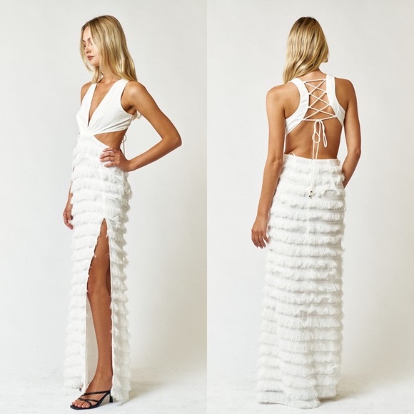 *LAST ONE* When In Tulum White Fringe Cut Out Maxi Dress - Picture 4 of 6